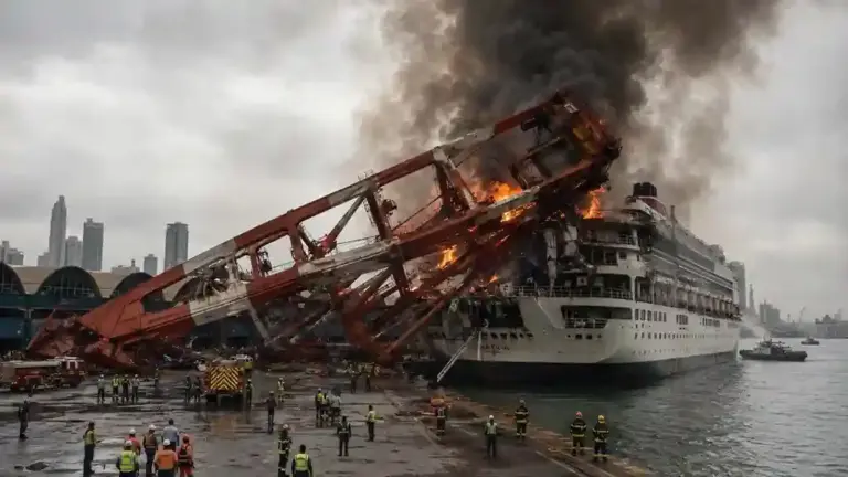 Mumbai Cruise Terminal Accident   મુંબઈ ક્રૂઝ ટર્મિનલ પાસે ક્રેન જહાજ પર પલટી ભીષણ આગથી નાસભાગ, 2 ઓપરેટર ઈજાગ્રસ્ત
