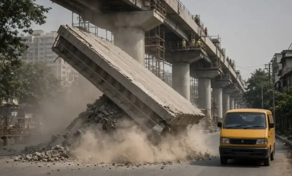 Mumbai Metro Slab Falls મોત સામેથી પાછું ફર્યું! મિરા રોડમાં મેટ્રોનો સ્લેબ સીધો રસ્તા પર પડ્યો, નીચેથી પસાર થતી સ્કૂલ વાનનો આબાદ બચાવ; જુઓ વિડીયો..