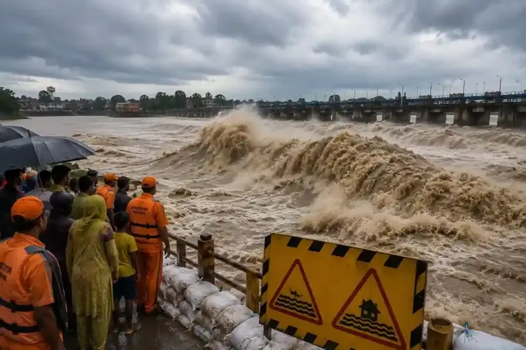 Nepal Flood UP Bihar High Alert  નેપાળના જળપ્રલય બાદ ભારત પણ સજ્જ ગંડક નદીમાં ૩ મીટર ઊંચા મોજાંની ચેતવણી સાથે યુપીબિહારમાં હાઈ એલર્ટ