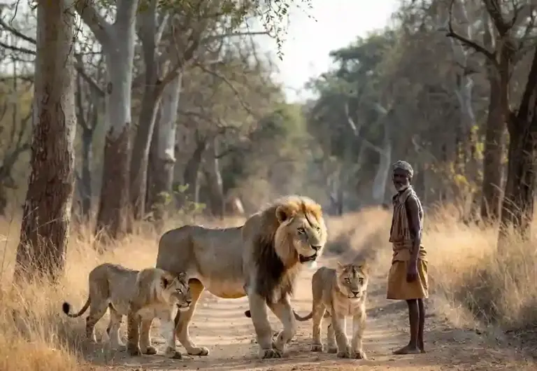 Sasan Gir Lion Sighting  અનોખો નજારો..  માત્ર પાંચ ફૂટનાં અંતરે ખેડૂત અને સિંહ પરિવાર આગળ પાછળ ચાલી રહ્યાં છે, જુઓ વાયરલ વીડિયો