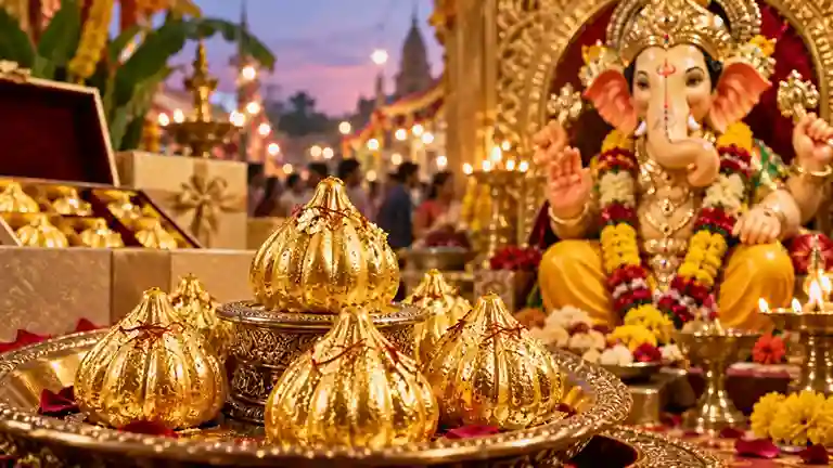 24 Carat Golden Modak Ganeshotsav ગણેશોત્સવમાં 'ગોલ્ડન મોદક'ની ભારે ધૂમ ૨૪ કેરેટ શુદ્ધ સોનાના વરખથી સજાવેલા ખાસ મોદકે જમાવ્યું આકર્ષણ