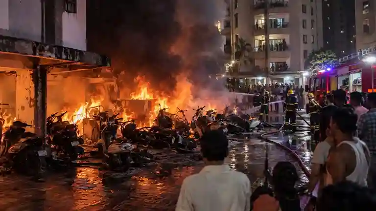 Bhiwandi Apartment Parking Fire ભિવંડીમાં રહેણાંક એપાર્ટમેન્ટના પાર્કિંગમાં ભીષણ આગ ૧૪ બાઇકો બળીને ખાખ..