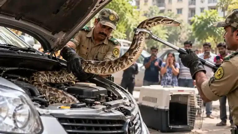 Dahisar 7 Foot Python Rescued   બોનેટ ખોલતાં જ ઉડી ગયા હોશ! દહીસરમાં કારના એન્જિનમાં બેઠો હતો 7 ફૂટ લાંબો મહાકાય અજગર, સર્પમિત્રોએ કર્યો રેસ્ક્યુ