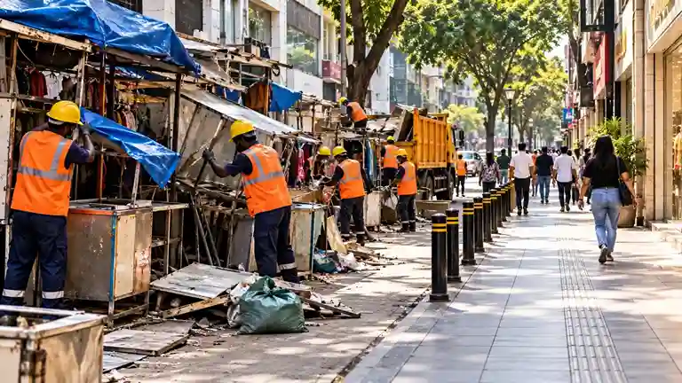 BMC Clears Hill Road Footpath પશ્ચિમ બાંદ્રાના વ્યસ્ત હિલ રોડ માર્કેટમાં પાલિકાનું બુલડોઝર ફર્યું; ફૂટપાથ રોકીને ઊભા કરાયેલા ગેરકાયદે બાંધકામો તોડી પડાયા