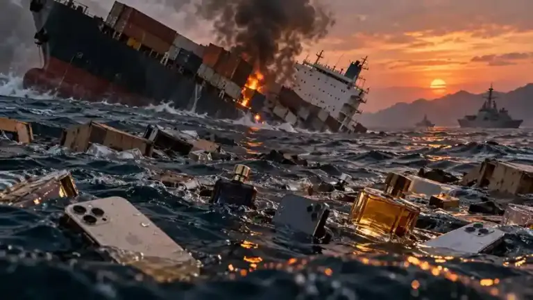 Cargo Ship Sinks In Strait Of Hormuz  હોર્મુઝ સ્ટ્રેટમાં નેવલ માઇન સાથે અથડાયા બાદ માલવાહક જહાજ ડૂબ્યું દરિયામાં તરતા જોવા મળ્યા iPhone અને લક્ઝરી પરફ્યુમ