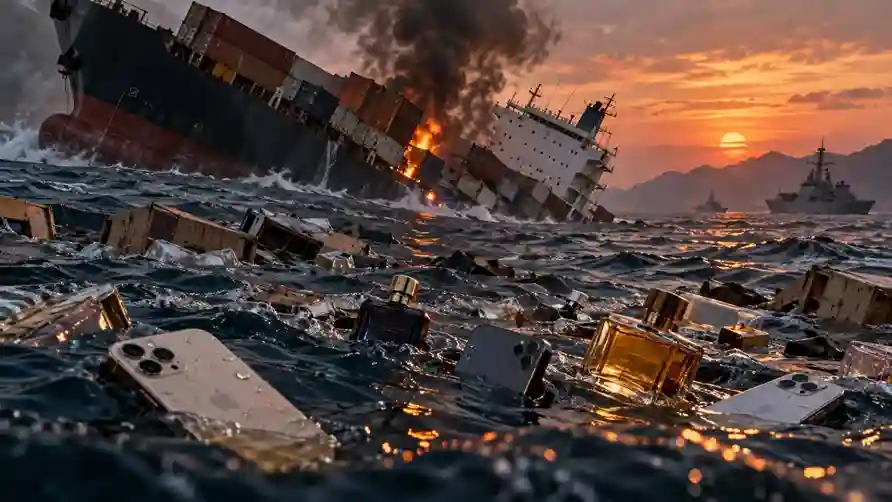 Cargo Ship Sinks In Strait Of Hormuz હોર્મુઝ સ્ટ્રેટમાં નેવલ માઇન સાથે અથડાયા બાદ માલવાહક જહાજ ડૂબ્યું દરિયામાં તરતા જોવા મળ્યા iPhone અને લક્ઝરી પરફ્યુમ