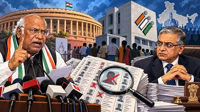INDIA Bloc Charges Against CEC Gyanesh Kumar ચૂંટણી ચોરી અને ૧૩.૨ કરોડ મતદારોના નામ હટાવવાનો દાવો મલ્લિકાર્જુન ખડગેએ CEC જ્ઞાનેશ કુમાર પર લગાવ્યા ૬ ગંભીર આરોપ