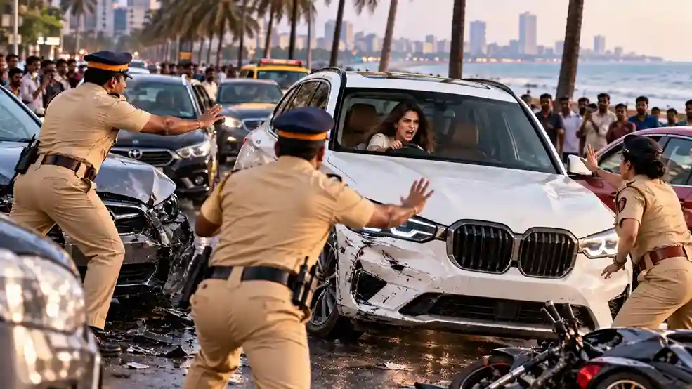 Juhu Female Driver Chaos  જુહુમાં મહિલા કારચાલકનો ભારે આતંક અનેક વાહનોને ટક્કર મારી ભાગવાનો પ્રયાસ, રોકનાર પોલીસકર્મીઓ પર ગાડી ચડાવવાનો પ્રયાસ