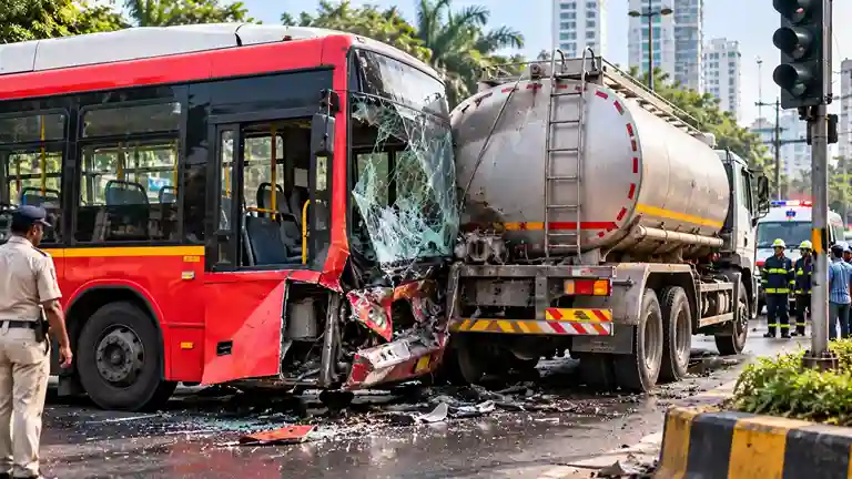 Mumbai BEST Bus Tanker Crash મુંબઈમાં ટેન્કરે બેસ્ટ બસને ટક્કર મારી છેડા નગર સિગ્નલ પાસે અચાનક બ્રેક લાગતાં અકસ્માત, ૪ મુસાફરો ઈજાગ્રસ્ત