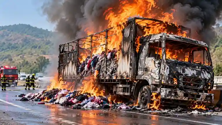 Mumbai Nashik Highway Truck Fire  મુંબઈનાસિક હાઈવે પર ચાલતા ટ્રકમાં ભીષણ આગ કાપડનો જથ્થો ભરેલું વાહન બળીને ખાખ