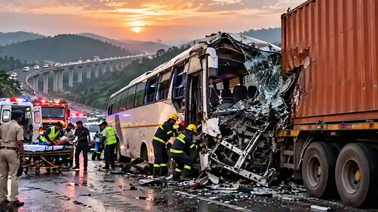 Mumbai Pune Expressway Missing Link Accident મુંબઈપુણે એક્સપ્રેસવેના 'મિસિંગ લિંક' પર ગમખ્વાર અકસ્માત ખાનગી બસ અને કન્ટેનર વચ્ચે જોરદાર ટક્કર, 6 મુસાફરો ઈજાગ્રસ્ત