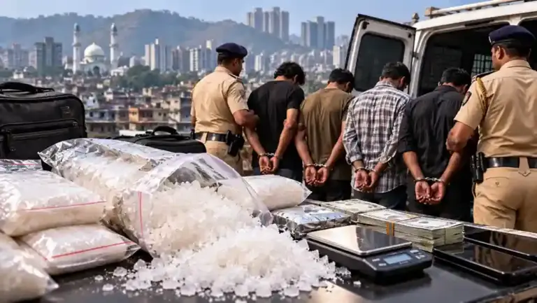 Mumbra Police Foreign Nationals MD Drugs Seizure  મુંબ્રા પોલીસની ડ્રગ્સ માફિયાઓ સામે મોટી કાર્યવાહી ૪ વિદેશી નાગરિકોની ધરપકડ, ₹૧.૫૦ કરોડનું MD ડ્રગ્સ જપ્ત