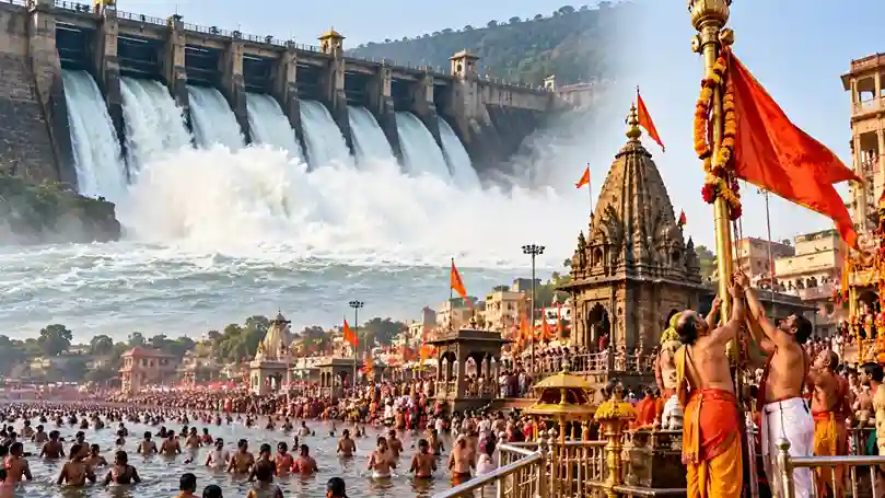 Nashik Kumbh Mela Godavari Water Release સિંહસ્થ કુંભમેળાના ધ્વજારોહણ પૂર્વે રામકુંડમાં ગોદાવરી નદી ખળખળ વહી ગંગાપુર ડેમમાંથી ૩૦૦ ક્યુસેક પાણી છોડાયું