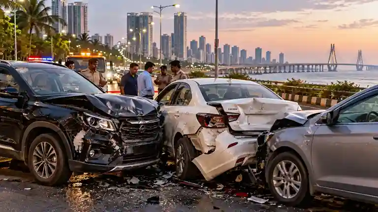 Navi Mumbai Car Accident નવી મુંબઈના પામ બીચ રોડ પર મોરાજ સર્કલ નજીક ત્રણ કાર વચ્ચે ભીષણ ટક્કર વાહનોનો કચ્ચરઘાણ, સદનસીબે જાનહાનિ ટળી