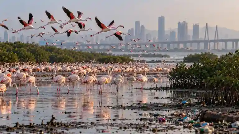 Navi Mumbai Flamingos Early Arrival  કચ્છમાં ઓછા વરસાદથી નવી મુંબઈમાં ફ્લેમિંગોનું વહેલું આગમન પ્રદૂષિત વેટલેન્ડ્સને લીધે પક્ષીપ્રેમીઓમાં ચિંતા!