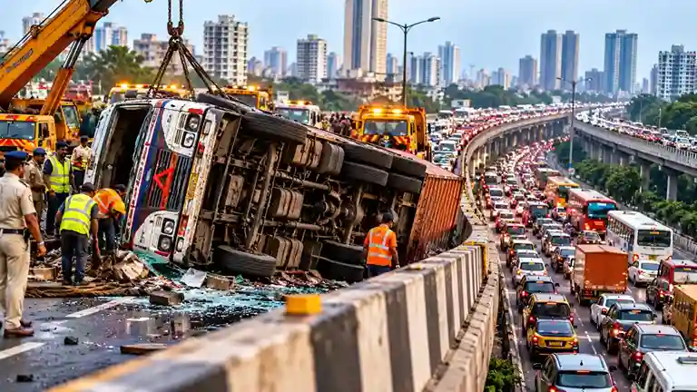Truck Overturns On Borivali Magathane Flyover મગાઠાણે બ્રિજ પર ડમ્પર પલટી ખાતાં હાઈવે બ્લોક, બોરીવલીકાંદિવલી રૂટ પર વાહનવ્યવહાર ઠપ