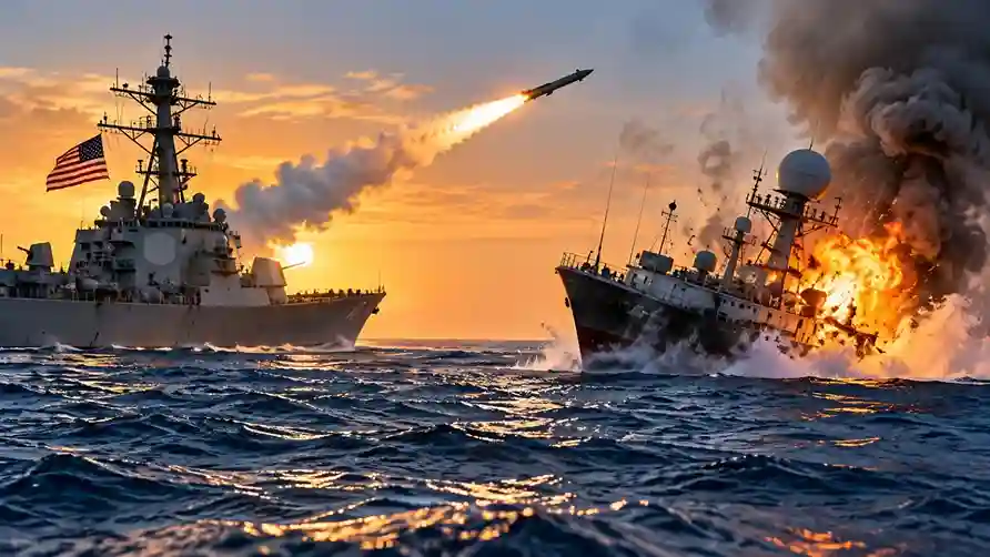 US Destroys Iranian Surveillance Vessel ઈરાનનું સર્વેલન્સ જહાજ જોતાં જ ભડક્યું અમેરિકા મિસાઇલથી ઉડાવી દીધું જાસૂસી વહાણ, જુઓ VIDEO