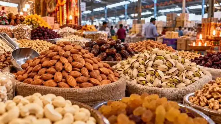 Vashi APMC Dry Fruit Price Hike  વાશી APMC માર્કેટમાં દિવાળી ટાણે ડ્રાયફ્રૂટ્સના ભાવ ભડકે બળ્યા બદામપિસ્તામાં કિલોએ ₹૬૦૦ સુધીનો તોતિંગ ઉછાળો